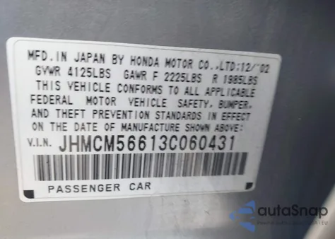 2003 Honda Accord 2.4 Ex from USA, damaged, VIN JHMCM56613C060431